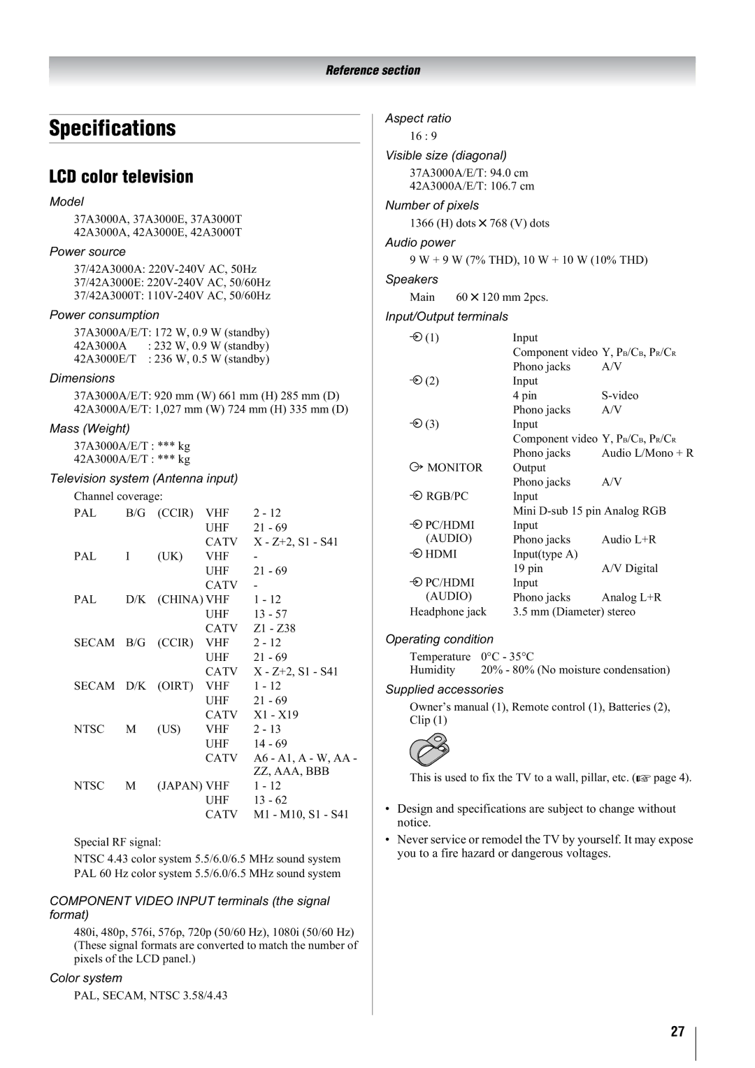 Toshiba 42A3000E, 37A3000A, 37A3000E, 37A3000T, 42A3000T, 42A3000A owner manual Specifications, LCD color television 