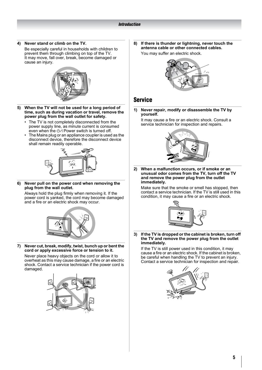 Toshiba 42A3000A, 37A3000A, 37A3000E, 37A3000T, 42A3000E, 42A3000T owner manual Service, Never stand or climb on the TV 