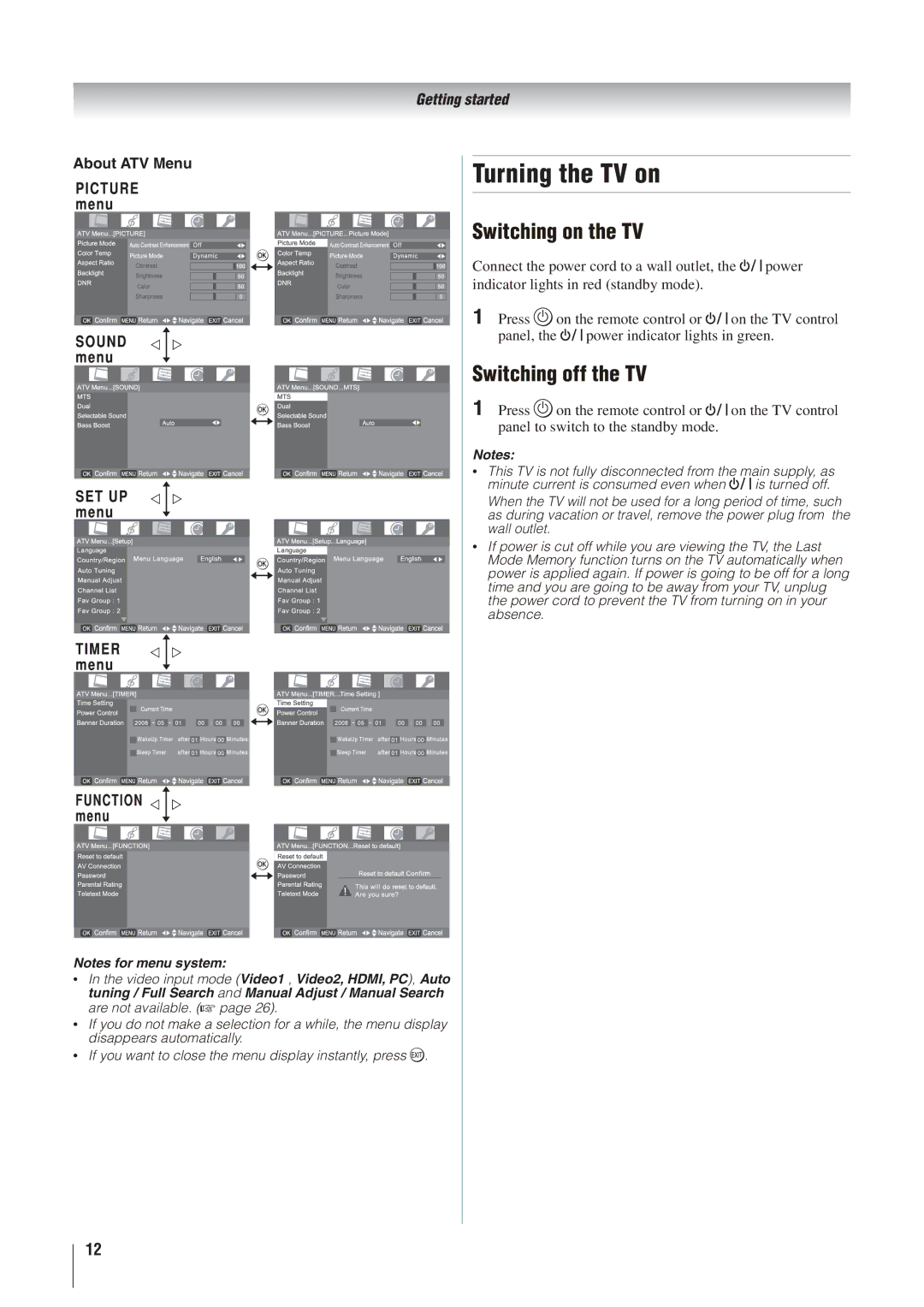 Toshiba 37AV500A, 32AV500A, 42AV500A, 26AV500A Turning the TV on, Switching on the TV, Switching off the TV, About ATV Menu 