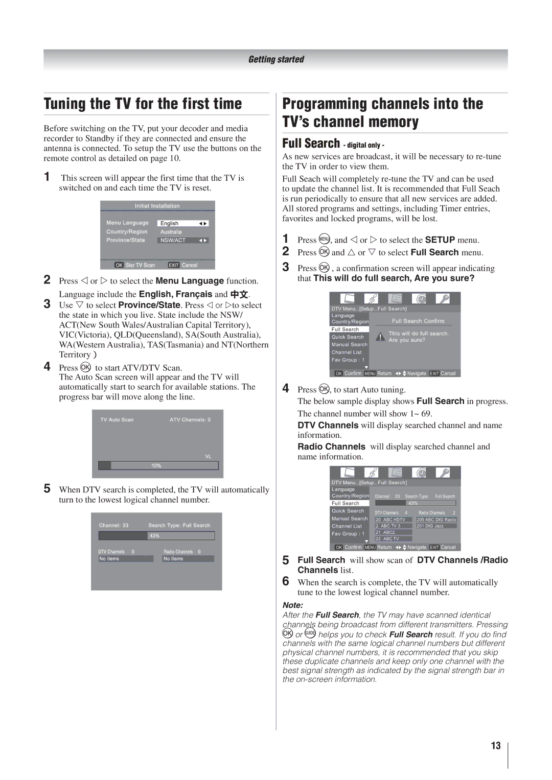 Toshiba 32AV500A, 37AV500A, 42AV500A Tuning the TV for the first time, Programming channels into the TV’s channel memory 