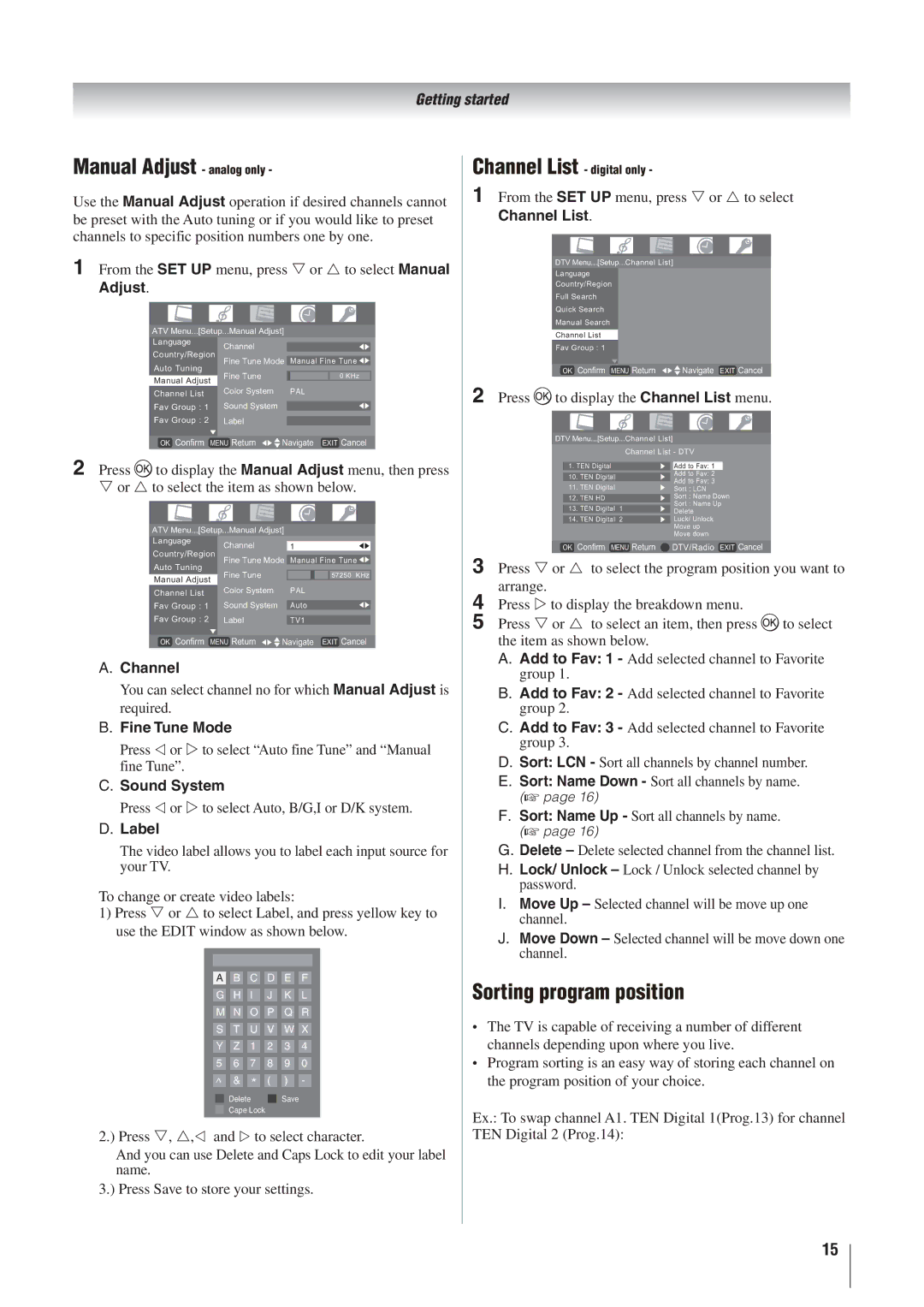 Toshiba 26AV500A, 37AV500A, 32AV500A, 42AV500A manual Sorting program position 