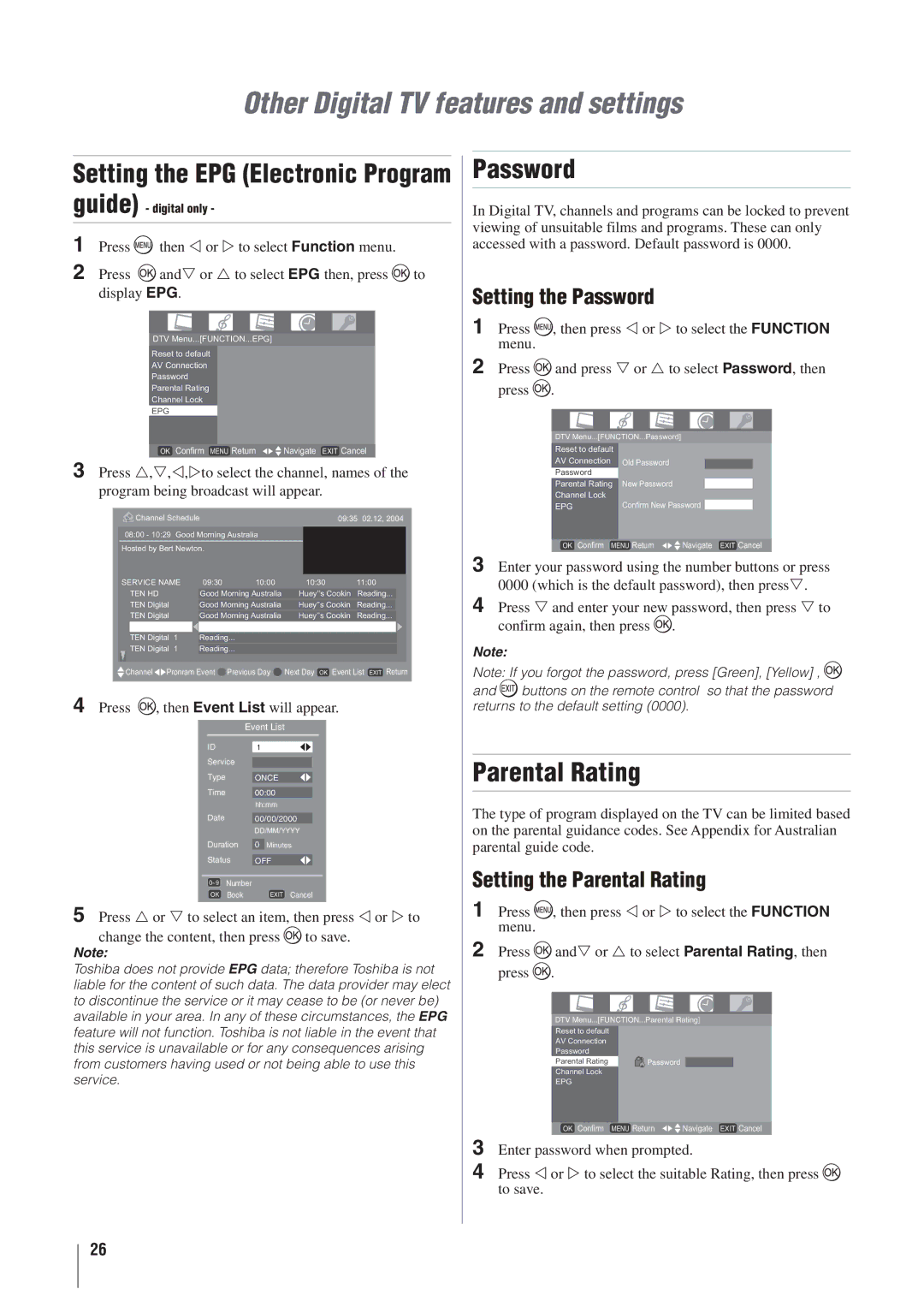 Toshiba 42AV500A, 37AV500A manual Other Digital TV features and settings, Setting the EPG Electronic Program guide, Password 