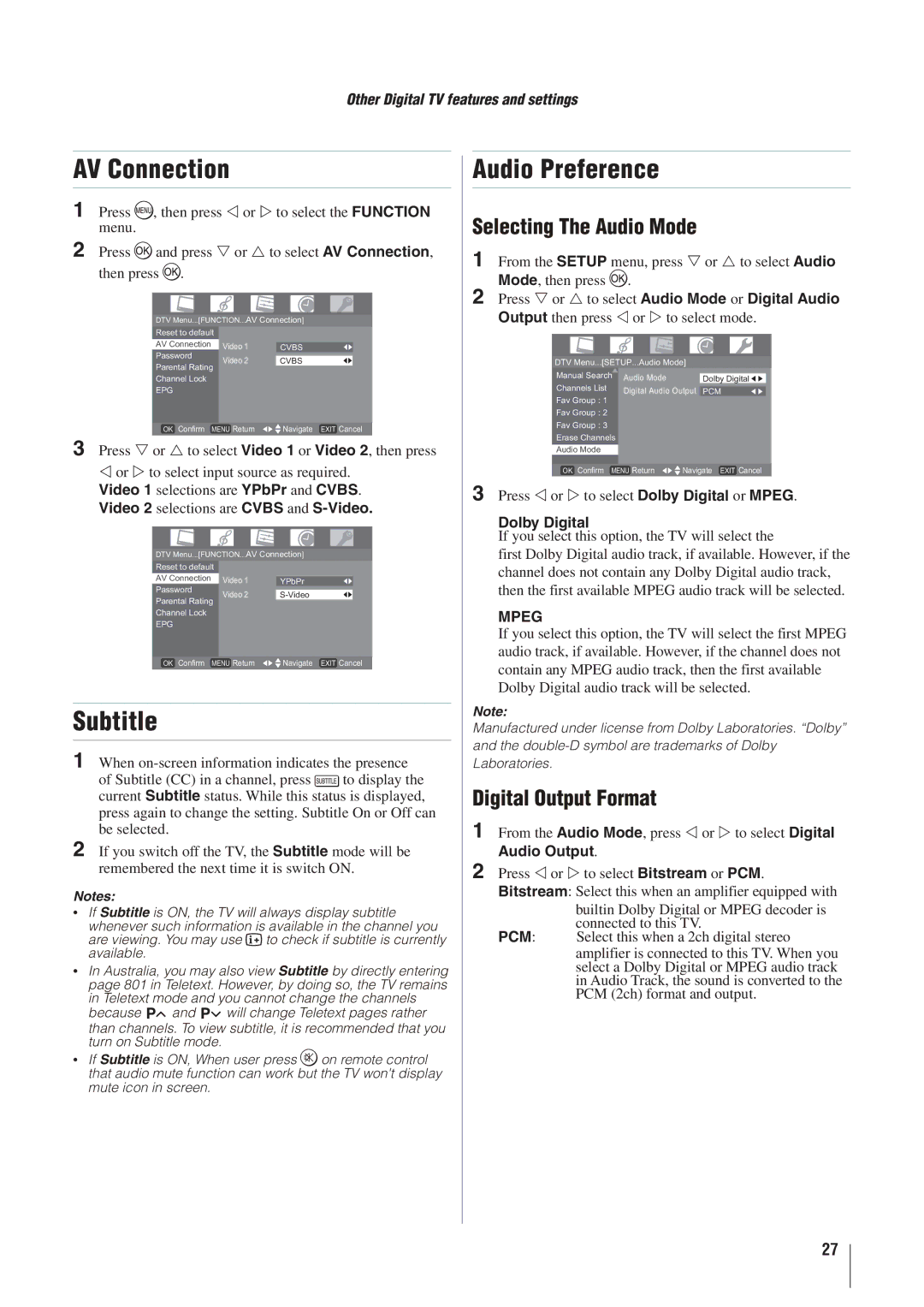 Toshiba 26AV500A, 37AV500A manual AV Connection, Subtitle, Audio Preference, Selecting The Audio Mode, Digital Output Format 