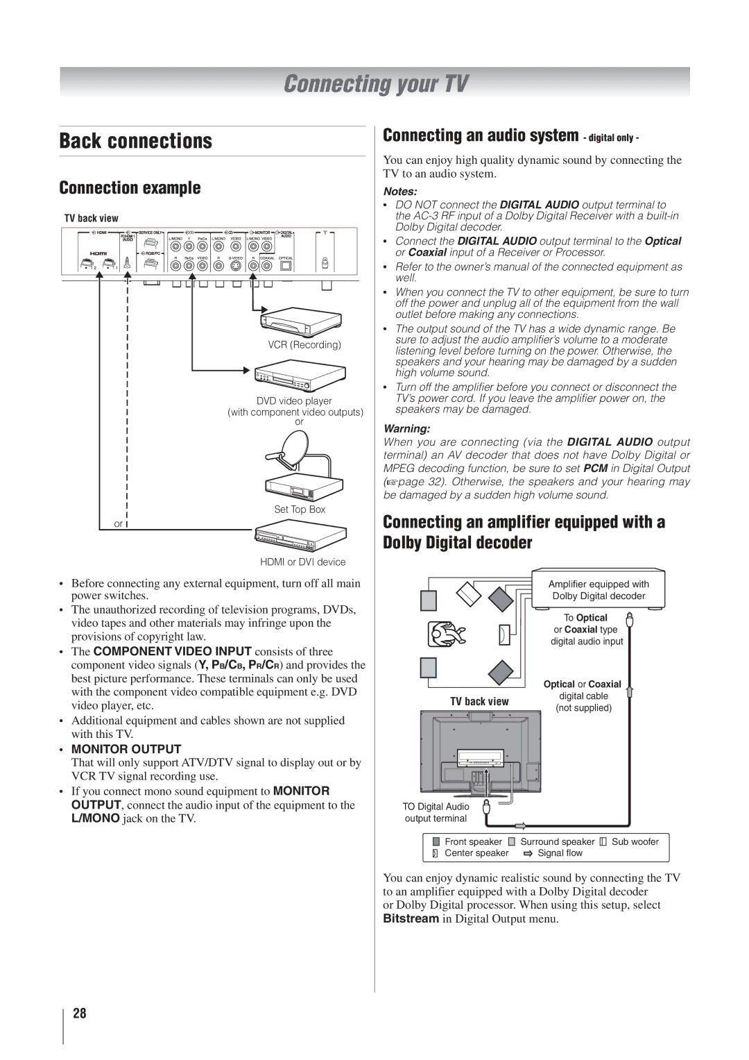 Toshiba 37AV500A manual Connecting your TV, Back connections, Connection example, Connecting an audio system digital only 