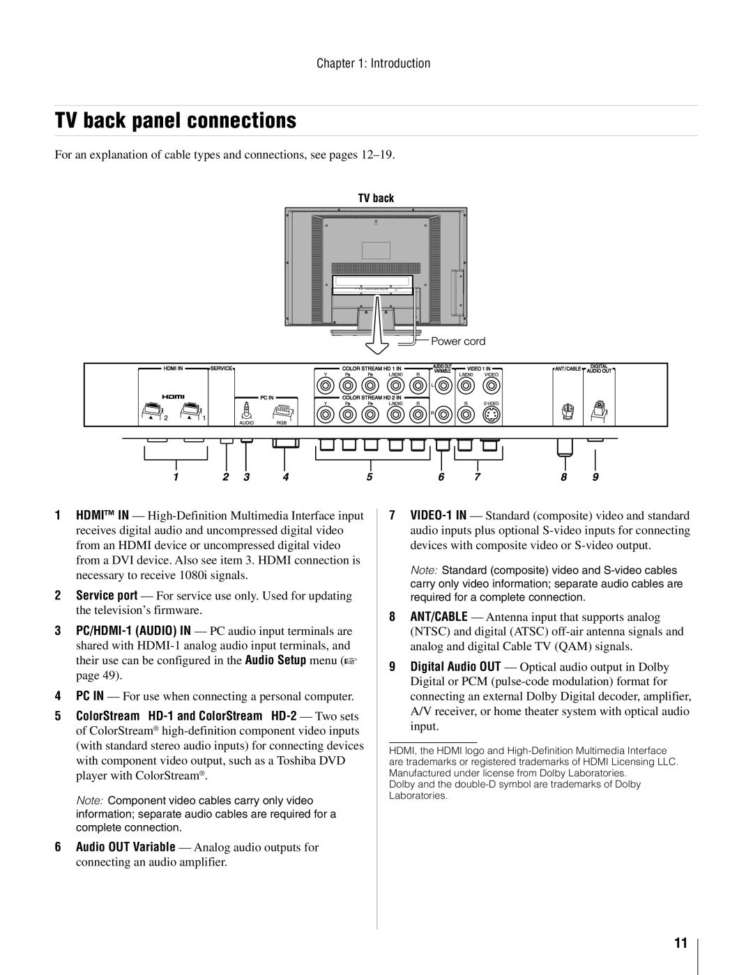 Toshiba 26AV502U, 37AV502U owner manual TV back panel connections 