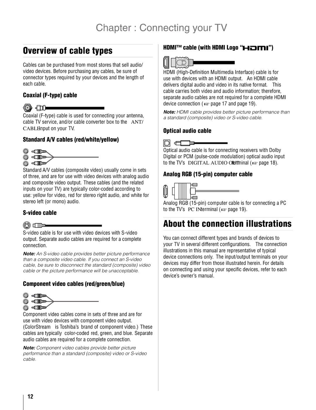 Toshiba 37AV502U, 26AV502U owner manual Connecting your TV, Overview of cable types, About the connection illustrations 