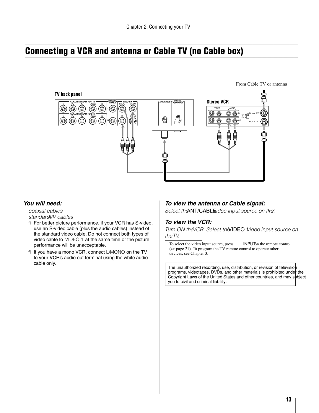 Toshiba 26AV502U Connecting a VCR and antenna or Cable TV no Cable box, You will need, To view the antenna or Cable signal 