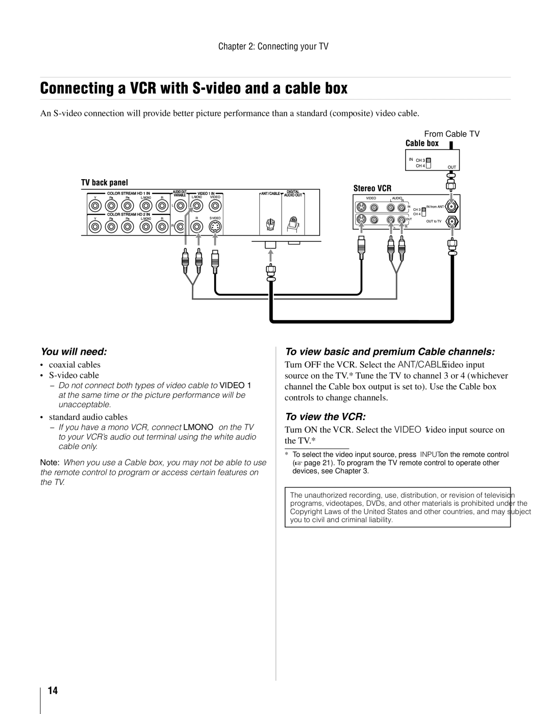 Toshiba 37AV502U, 26AV502U Connecting a VCR with S-video and a cable box, To view basic and premium Cable channels 