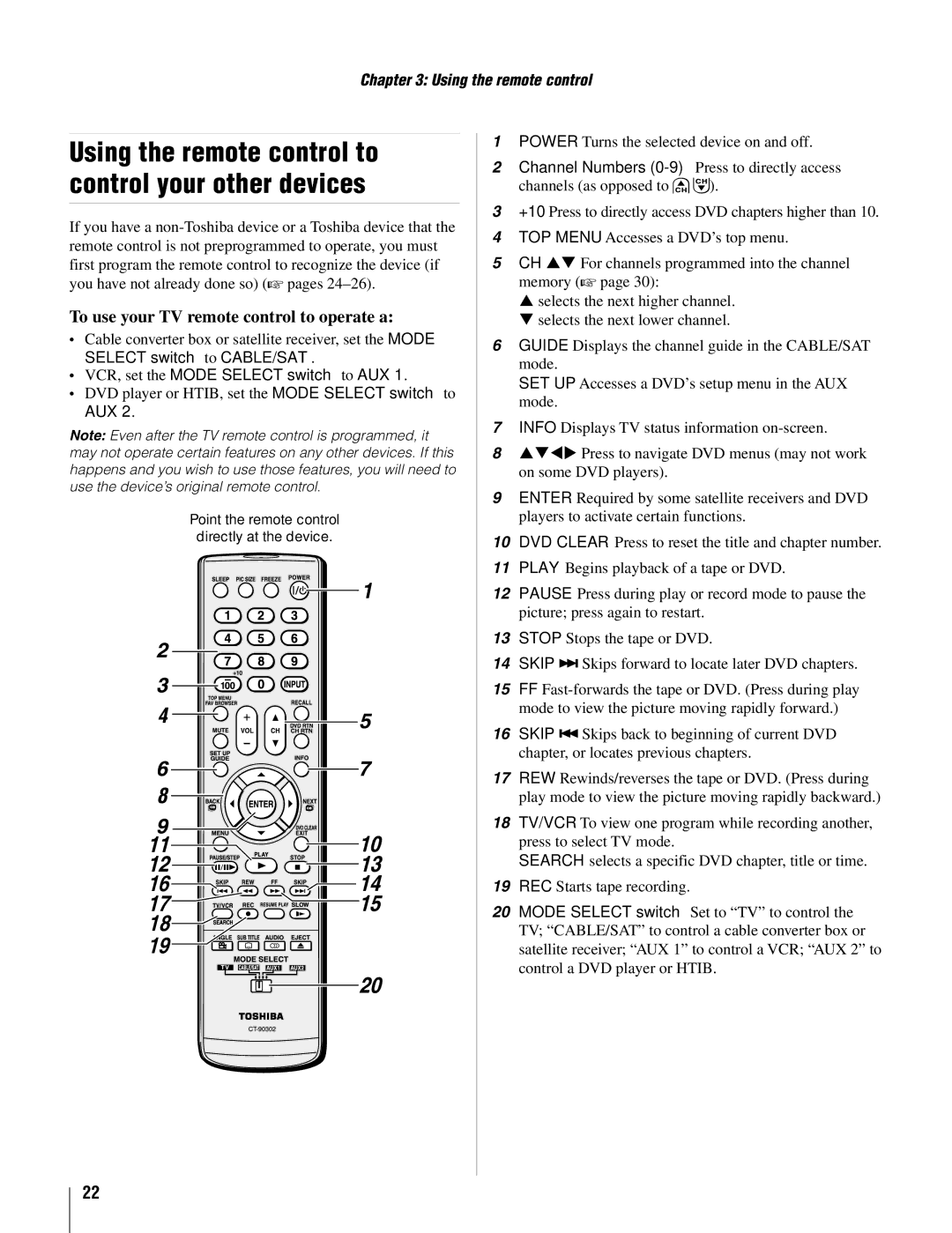 Toshiba 37AV502U, 26AV502U To use your TV remote control to operate a, VCR, set the Mode Select switch to AUX, Aux 