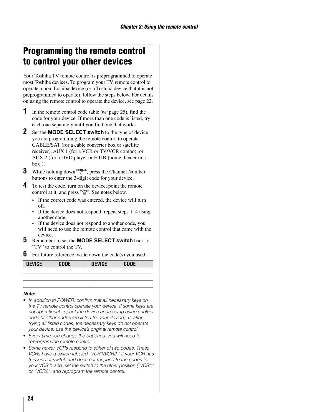 Toshiba 37AV502U, 26AV502U owner manual Programming the remote control to control your other devices 