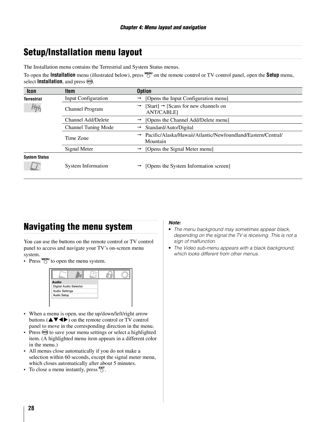 Toshiba 37AV502U, 26AV502U owner manual Setup/Installation menu layout, Navigating the menu system 