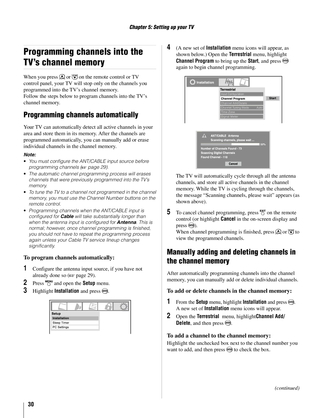 Toshiba 37AV502U, 26AV502U Programming channels into the TV’s channel memory, Programming channels automatically 