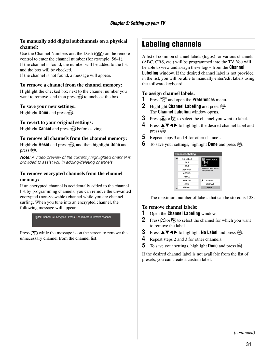 Toshiba 26AV502U, 37AV502U owner manual Labeling channels 