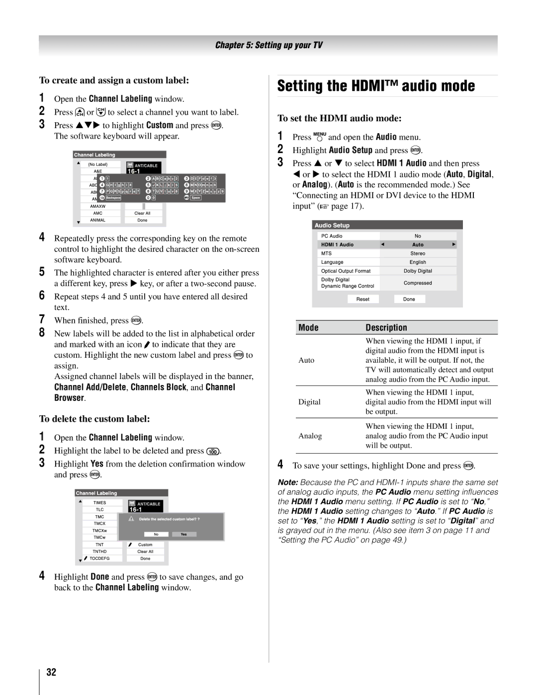 Toshiba 37AV502U, 26AV502U Setting the Hdmi audio mode, To create and assign a custom label, To delete the custom label 