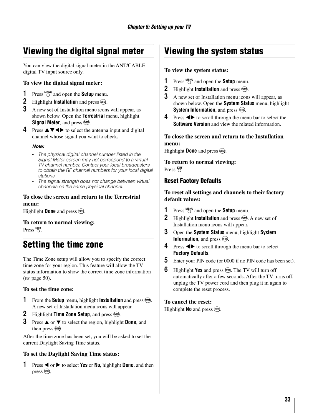 Toshiba 26AV502U, 37AV502U owner manual Viewing the digital signal meter, Setting the time zone, Viewing the system status 