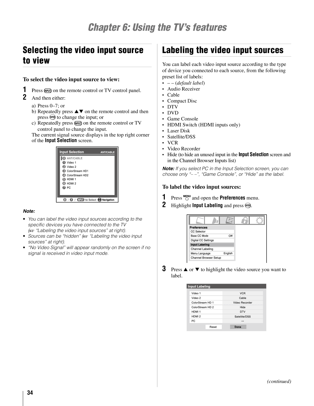 Toshiba 37AV502U Using the TV’s features, Selecting the video input source to view, Labeling the video input sources 