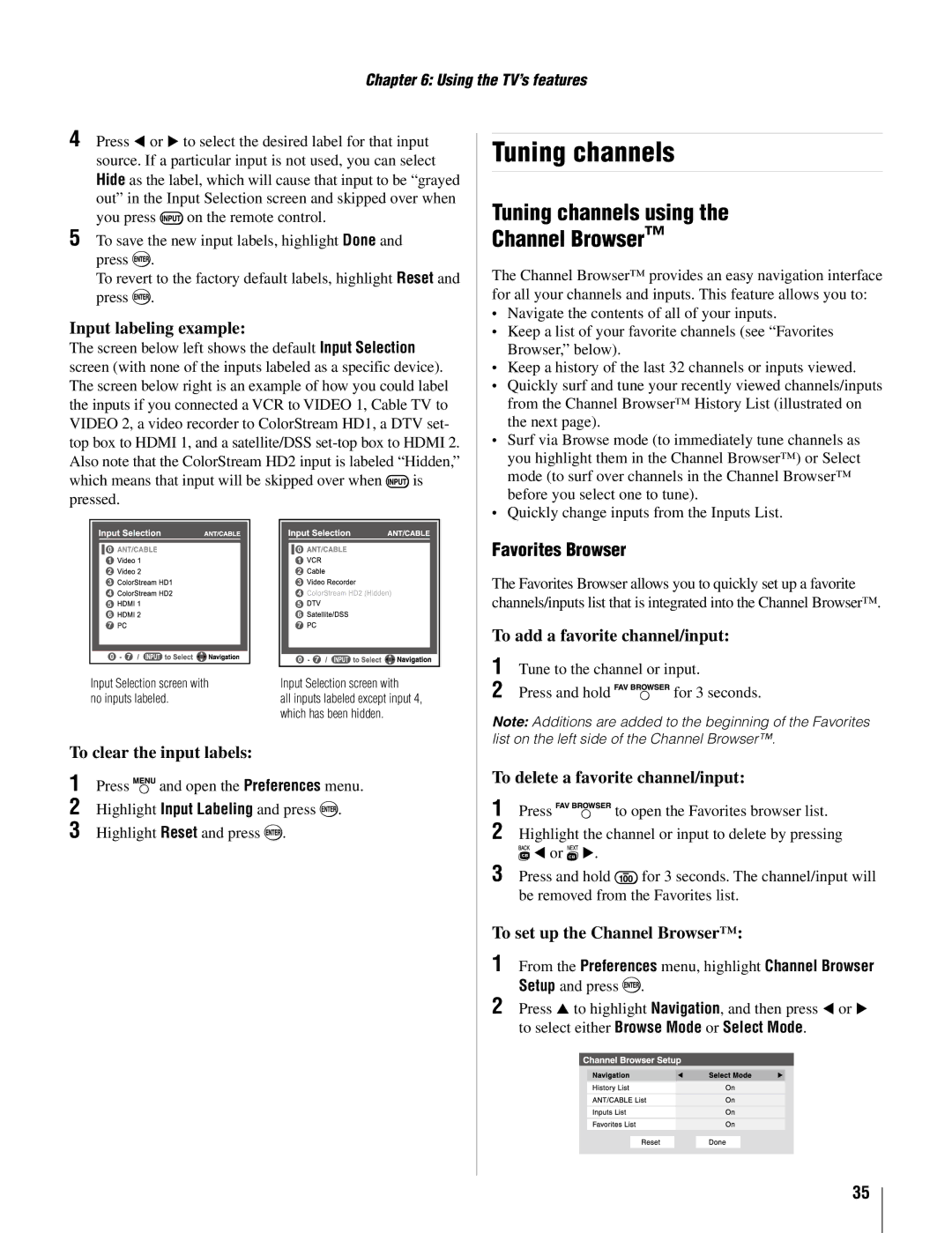 Toshiba 26AV502U, 37AV502U owner manual Tuning channels using Channel Browser, Favorites Browser 