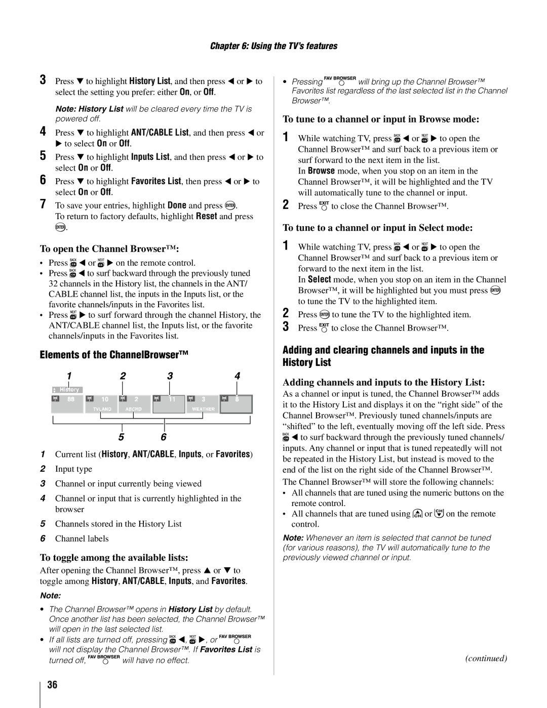 Toshiba 37AV502U, 26AV502U Elements of the ChannelBrowser, Adding and clearing channels and inputs in the History List 