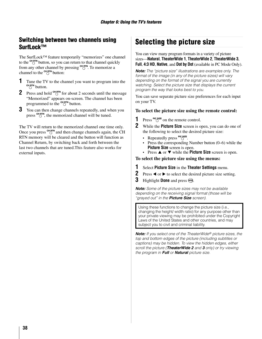 Toshiba 37AV502U, 26AV502U owner manual Selecting the picture size, Switching between two channels using SurfLock 