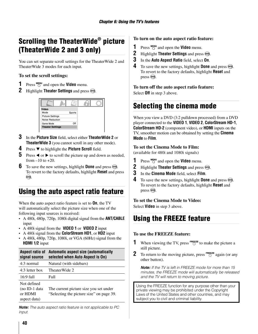 Toshiba 37AV502U, 26AV502U owner manual Selecting the cinema mode, Using the Freeze feature 