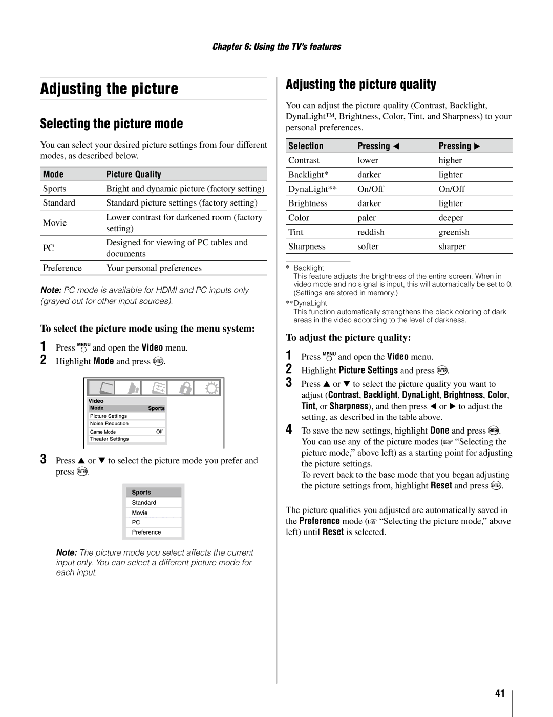 Toshiba 26AV502U, 37AV502U Selecting the picture mode, Adjusting the picture quality, To adjust the picture quality 