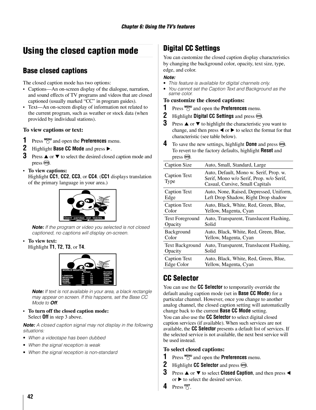 Toshiba 37AV502U, 26AV502U Using the closed caption mode, Base closed captions, Digital CC Settings, CC Selector 