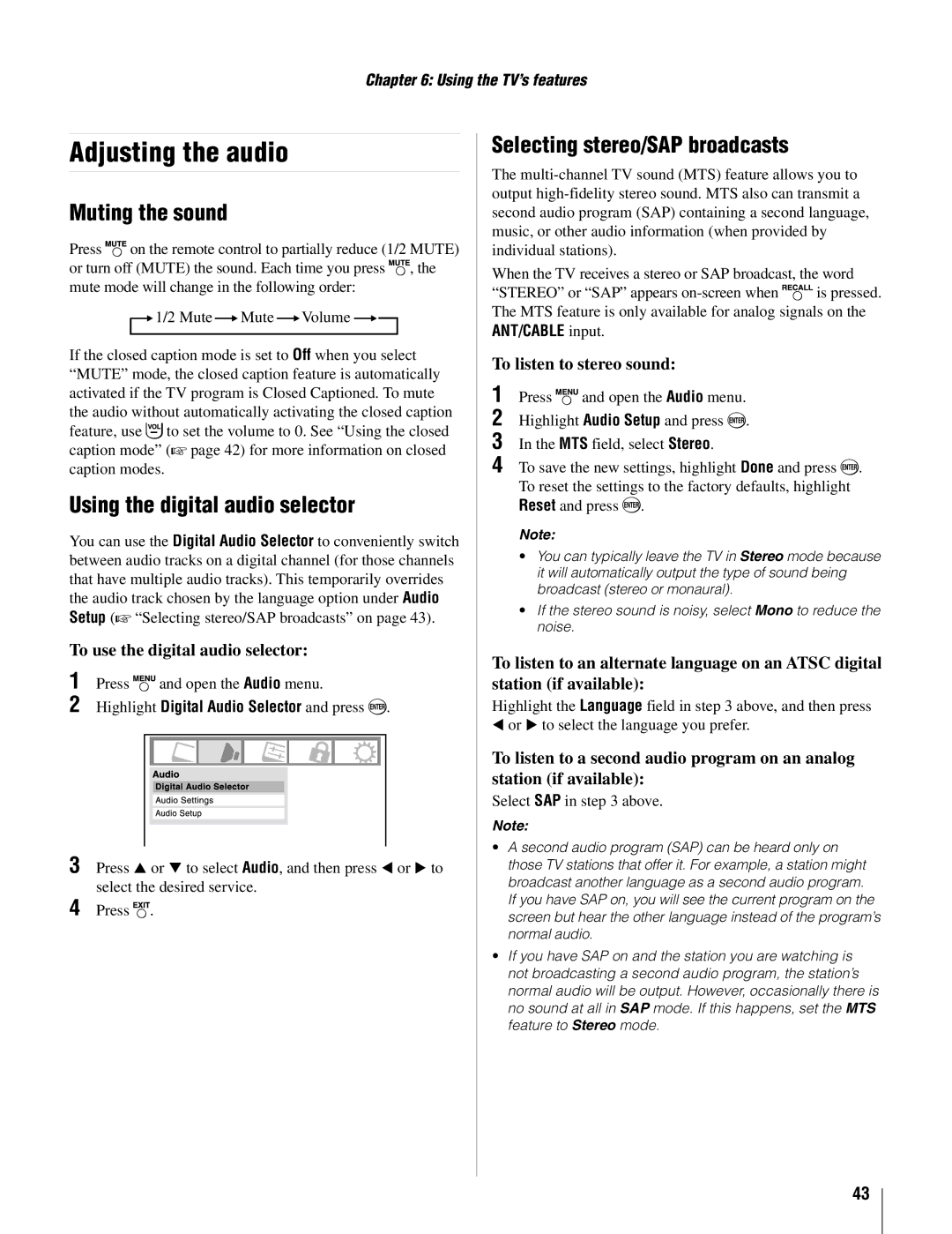 Toshiba 26AV502U Adjusting the audio, Muting the sound, Using the digital audio selector, Selecting stereo/SAP broadcasts 