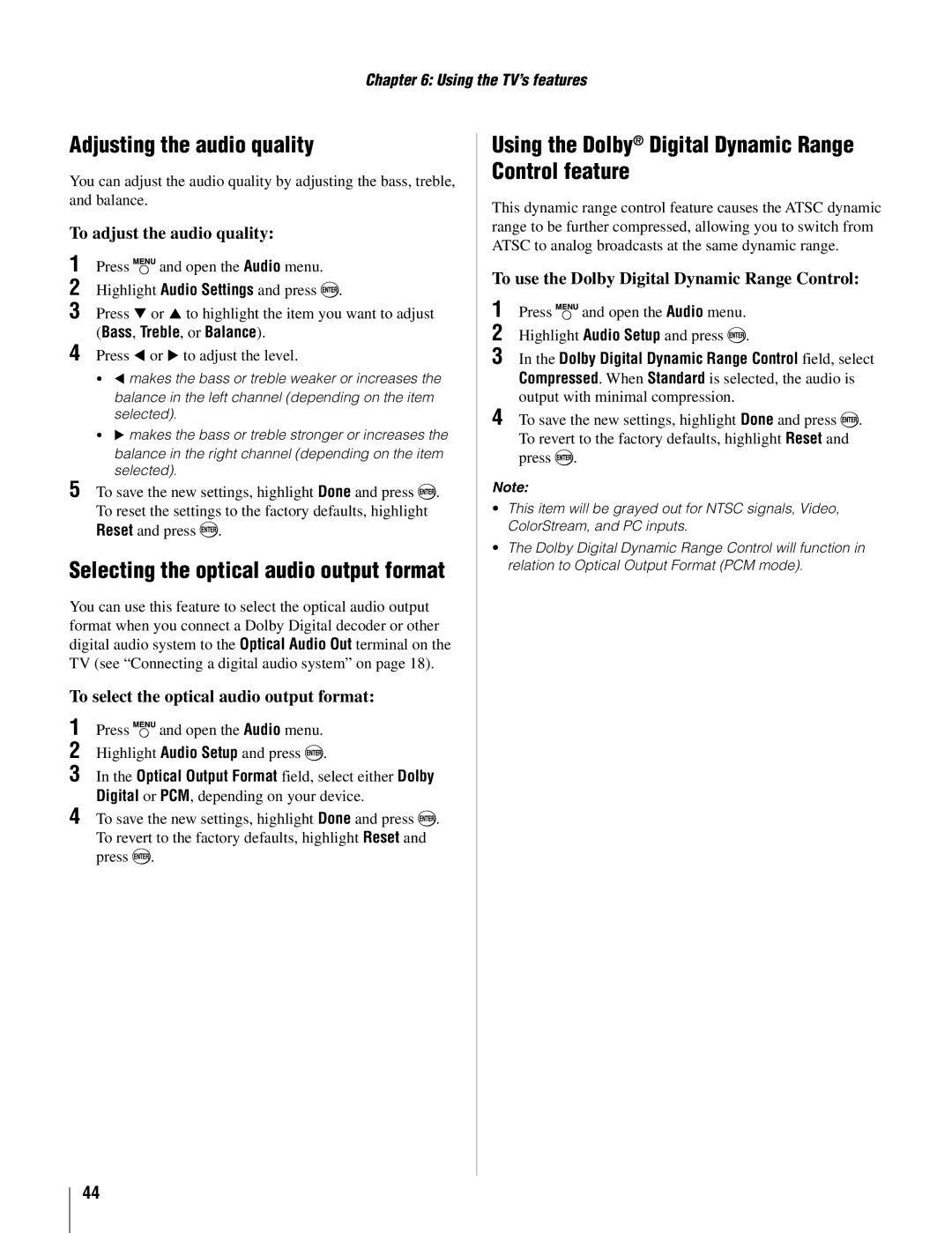 Toshiba 37AV502U, 26AV502U owner manual Adjusting the audio quality, Using the Dolby Digital Dynamic Range Control feature 