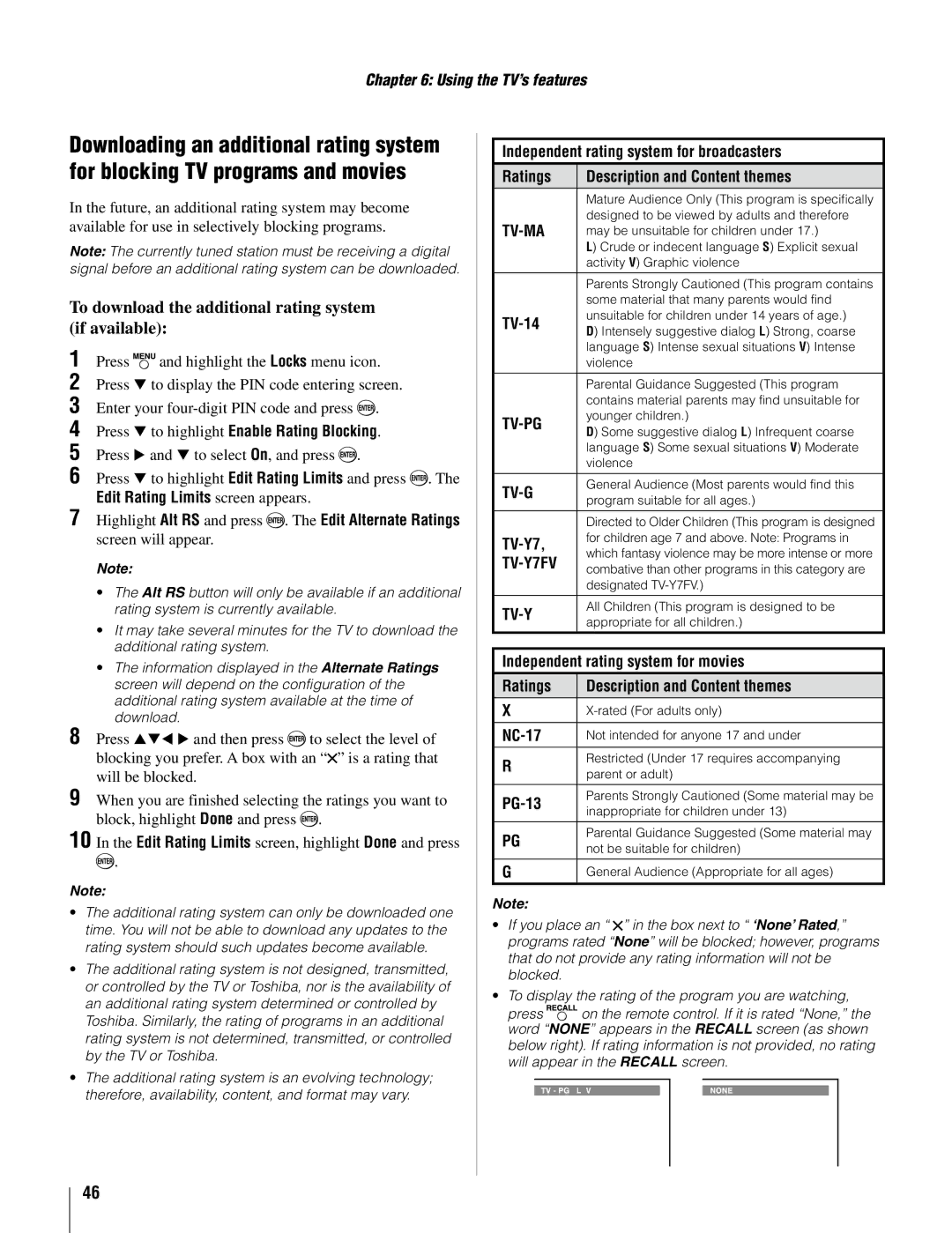 Toshiba 37AV502U, 26AV502U owner manual To download the additional rating system if available 