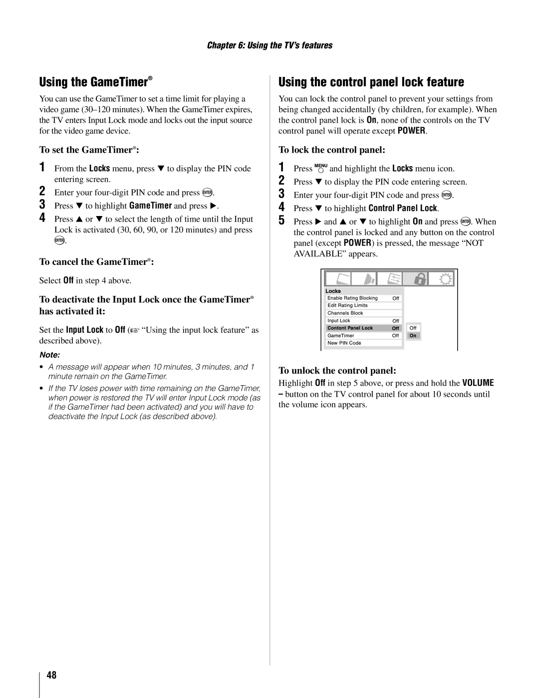 Toshiba 37AV502U, 26AV502U owner manual Using the GameTimer, Using the control panel lock feature 