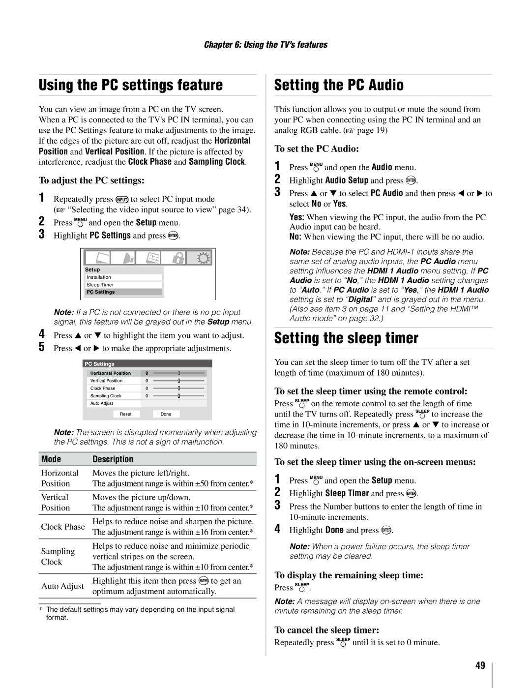 Toshiba 26AV502U, 37AV502U owner manual Using the PC settings feature, Setting the PC Audio, Setting the sleep timer 