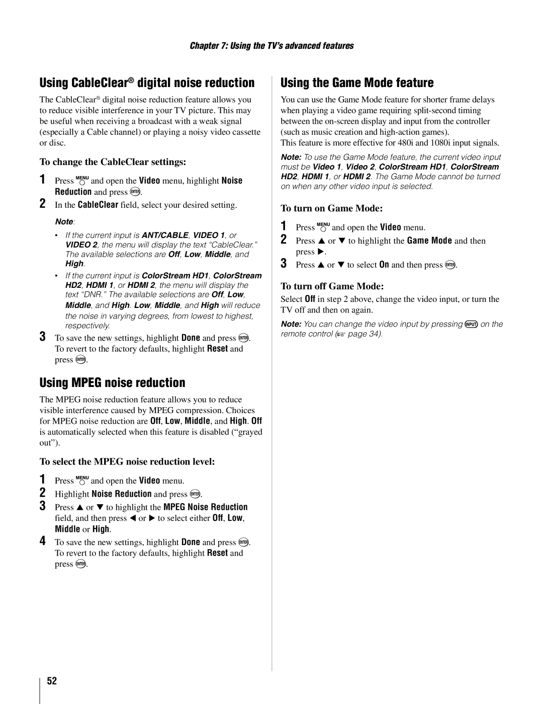 Toshiba 37AV502U, 26AV502U owner manual Using Mpeg noise reduction, Using the Game Mode feature 