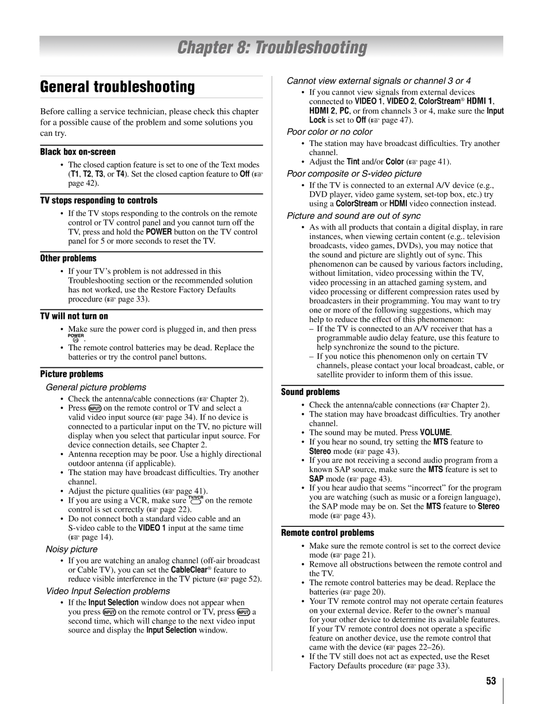 Toshiba 26AV502U, 37AV502U owner manual Troubleshooting, General troubleshooting 