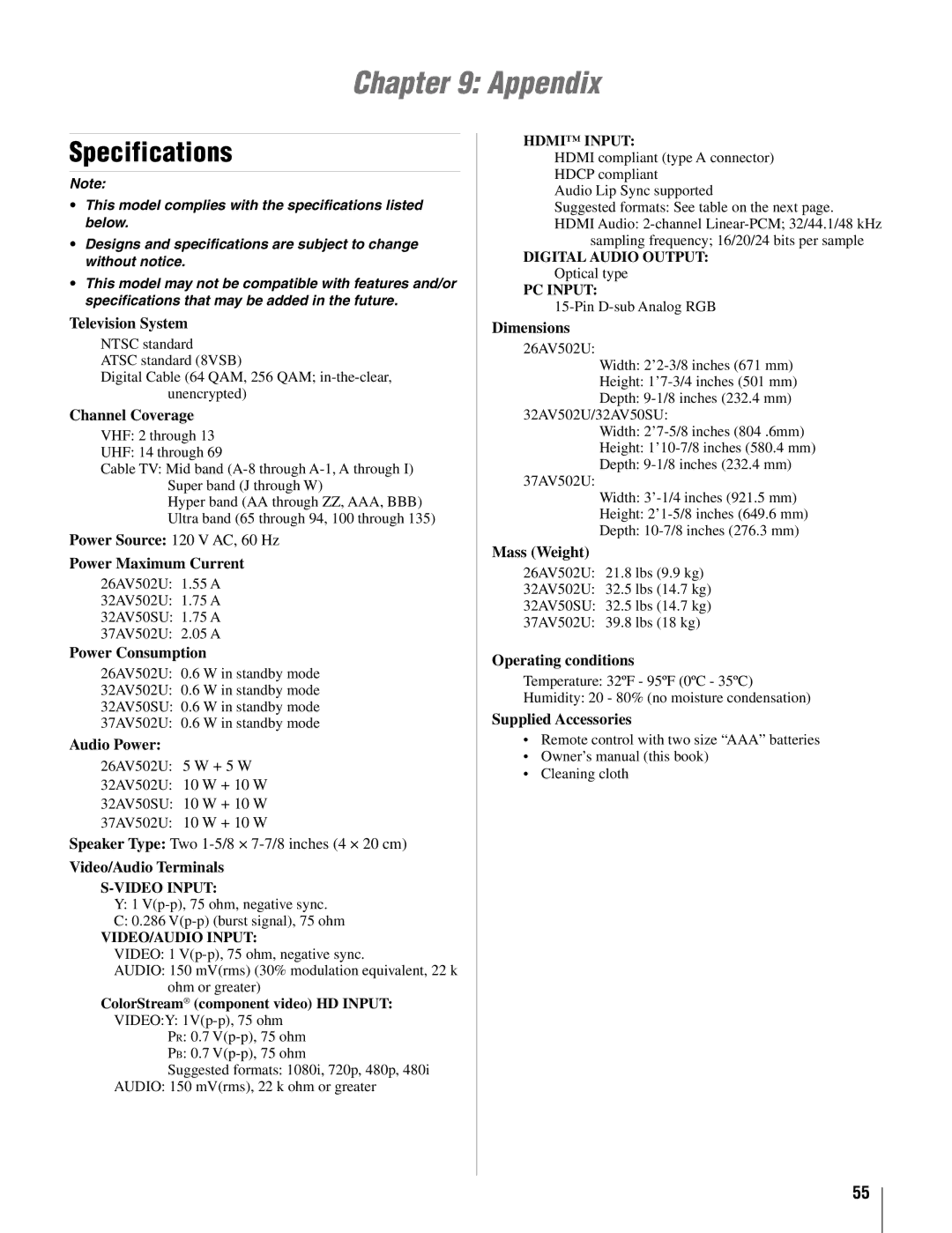 Toshiba 26AV502U, 37AV502U owner manual Appendix, Specifications 