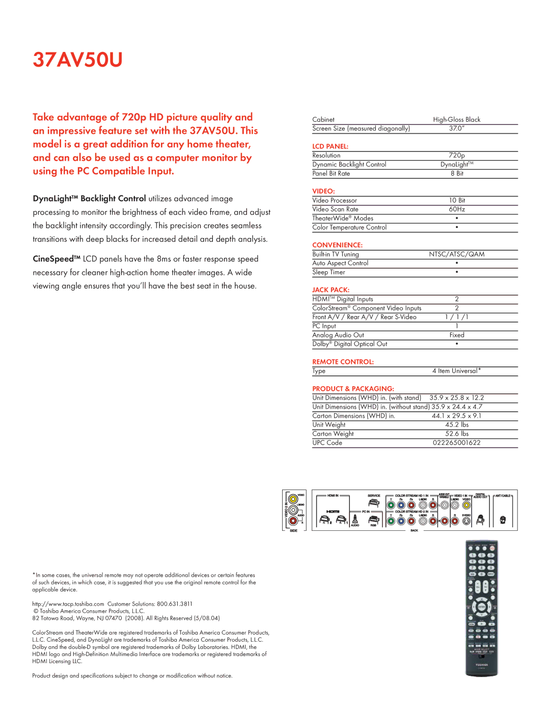 Toshiba 37AV50U manual LCD Panel, Video, Convenience, Jack Pack, Remote Control, Product & Packaging 