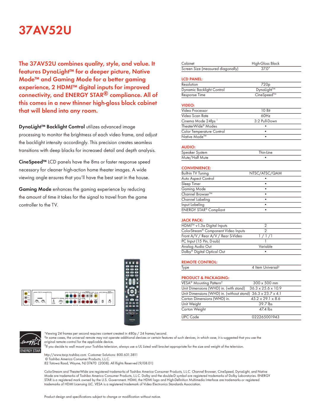 Toshiba 37AV52U manual LCD Panel, Video, Audio, Convenience, Jack Pack, Remote Control, Product & Packaging 