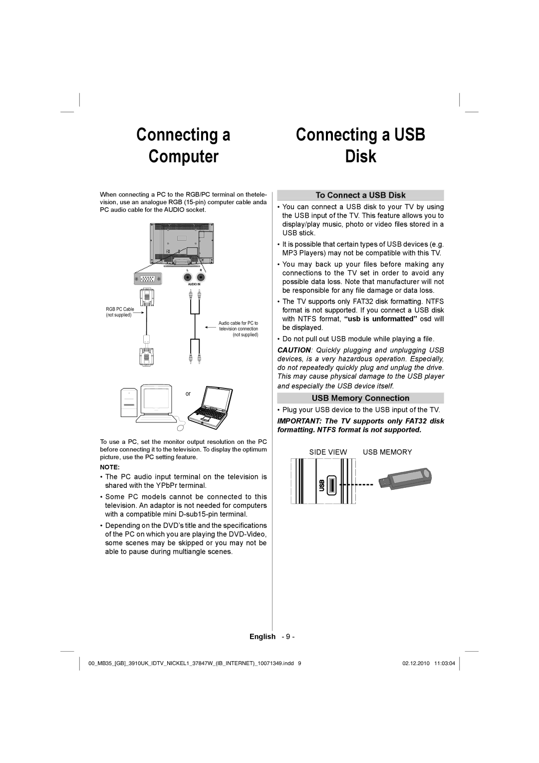 Toshiba 37BV700B owner manual To Connect a USB Disk, USB Memory Connection 