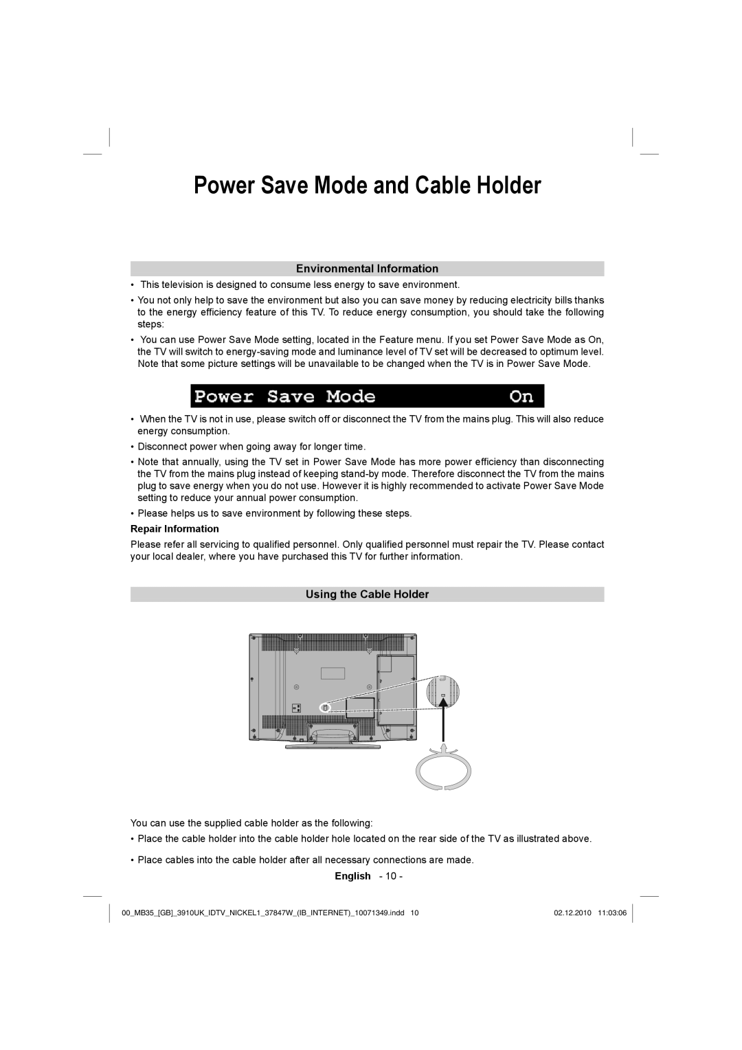 Toshiba 37BV700B Power Save Mode and Cable Holder, Environmental Information, Using the Cable Holder, Repair Information 