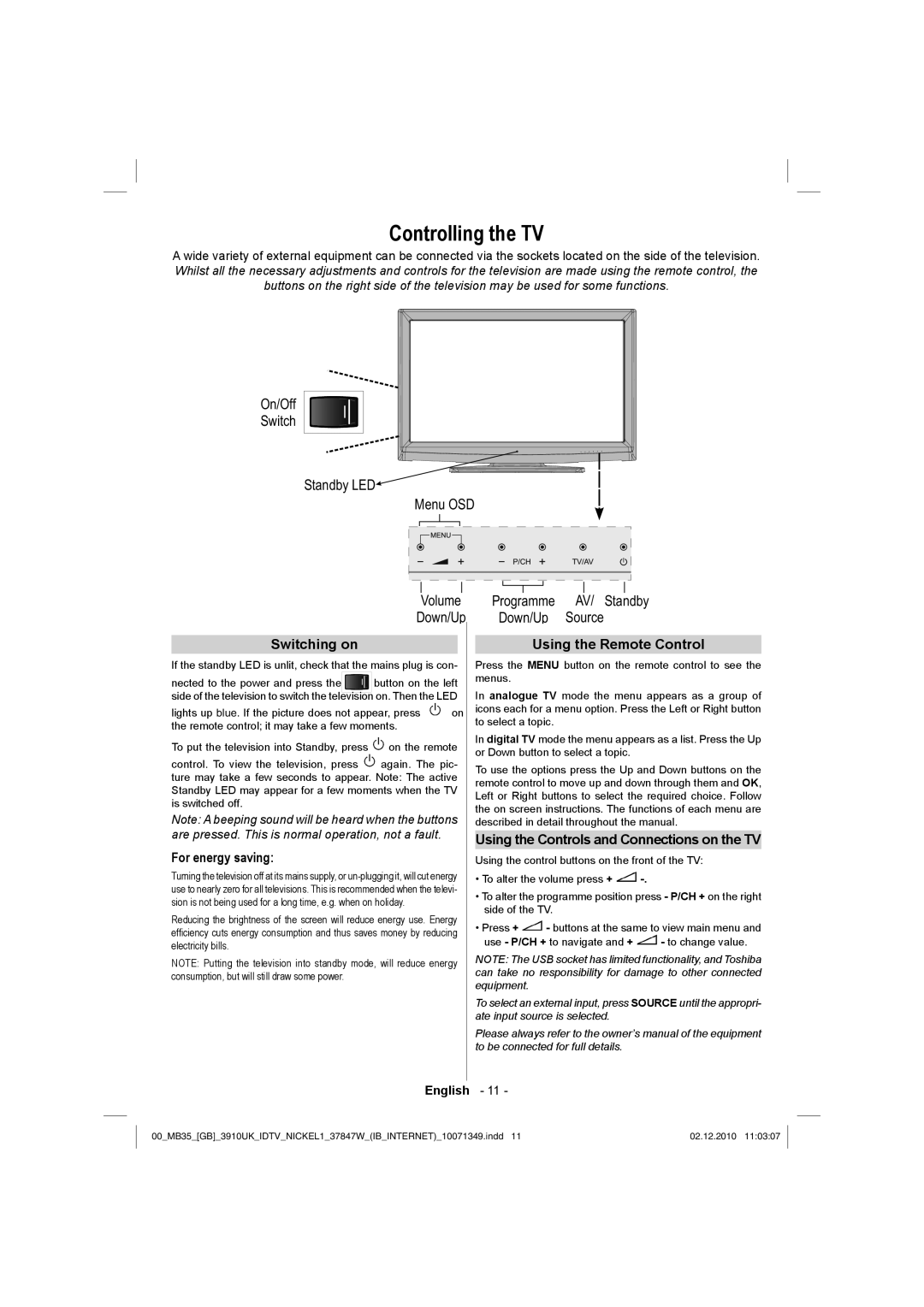 Toshiba 37BV700B owner manual Controlling the TV, Switching on Using the Remote Control, For energy saving 