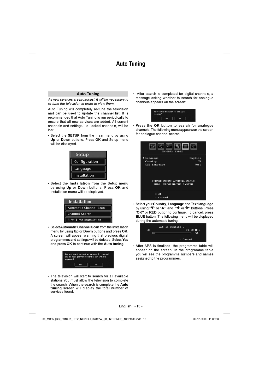 Toshiba 37BV700B owner manual Auto Tuning 