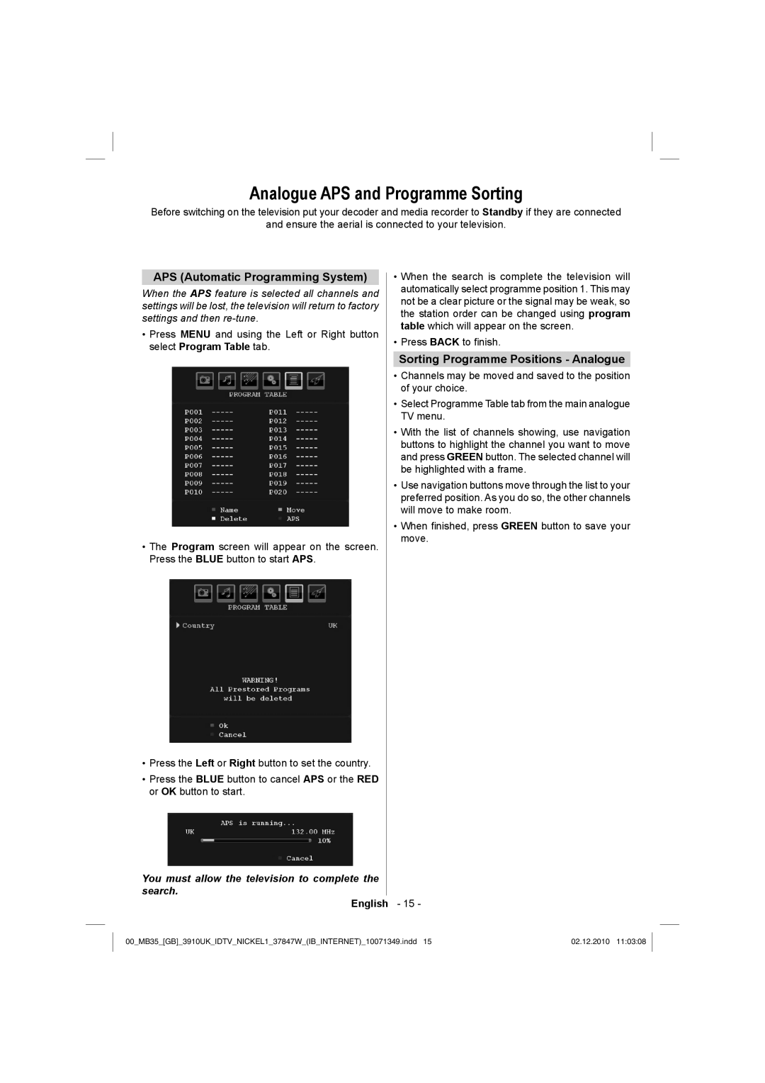 Toshiba 37BV700B owner manual Analogue APS and Programme Sorting, APS Automatic Programming System 