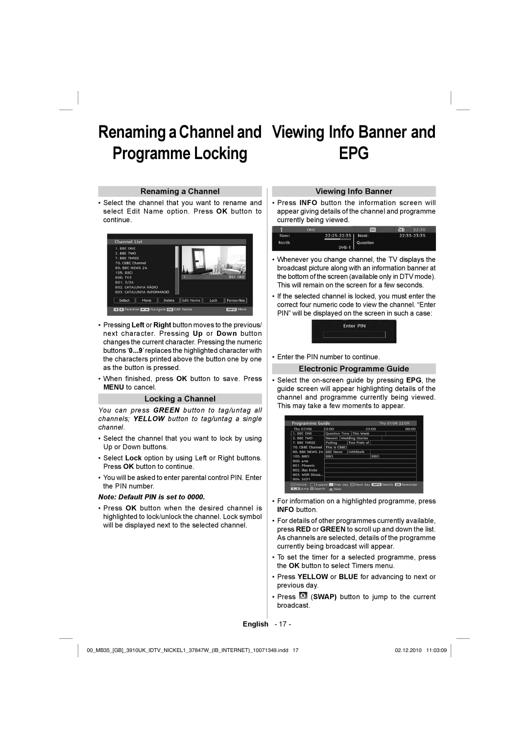 Toshiba 37BV700B owner manual Renaming a Channel, Locking a Channel, Viewing Info Banner, Electronic Programme Guide 