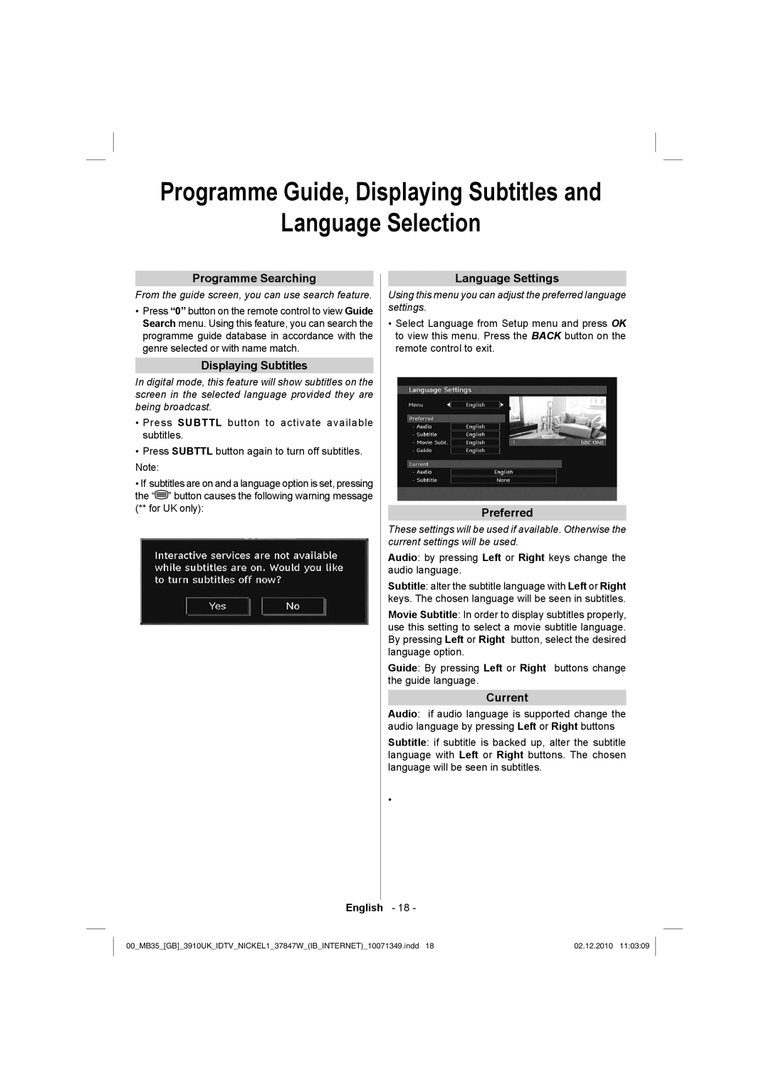 Toshiba 37BV700B owner manual Programme Guide, Displaying Subtitles Language Selection 