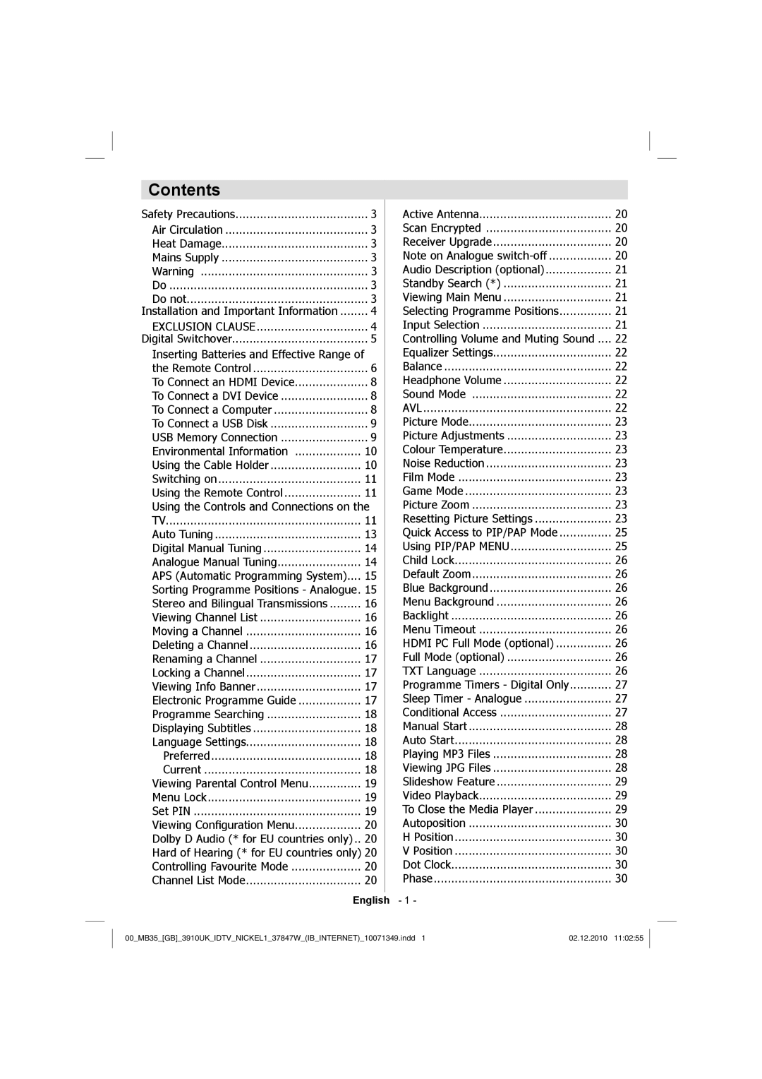 Toshiba 37BV700B owner manual Contents 