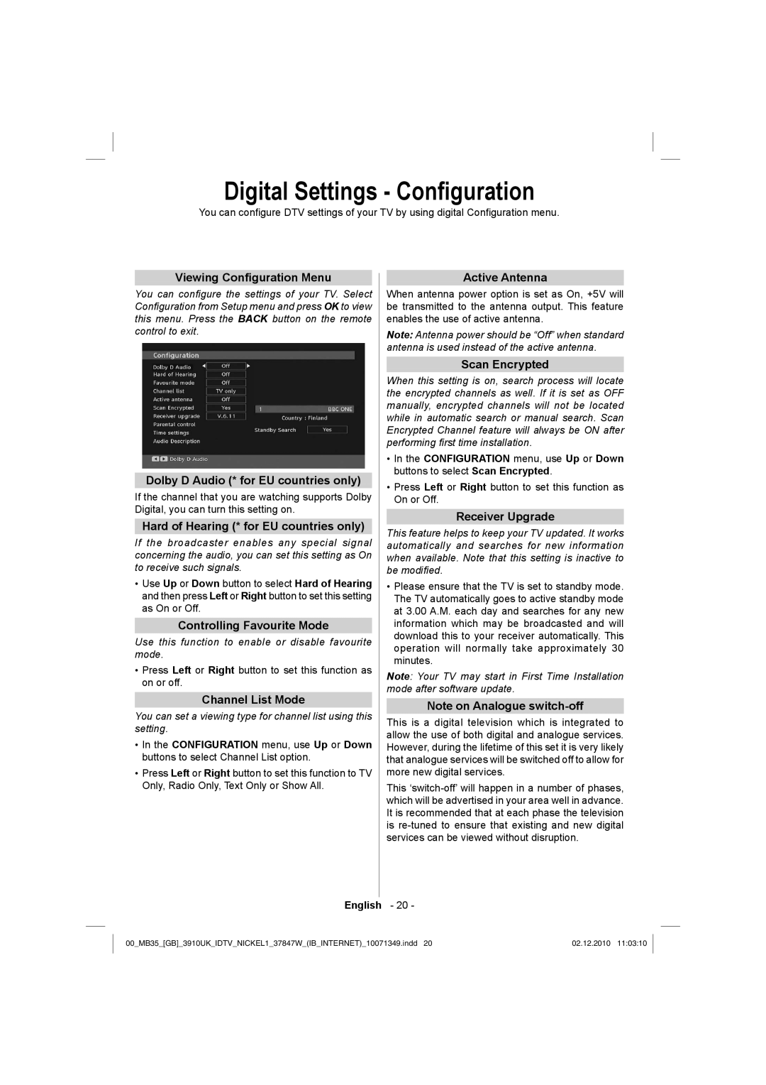 Toshiba 37BV700B owner manual Digital Settings Conﬁguration 