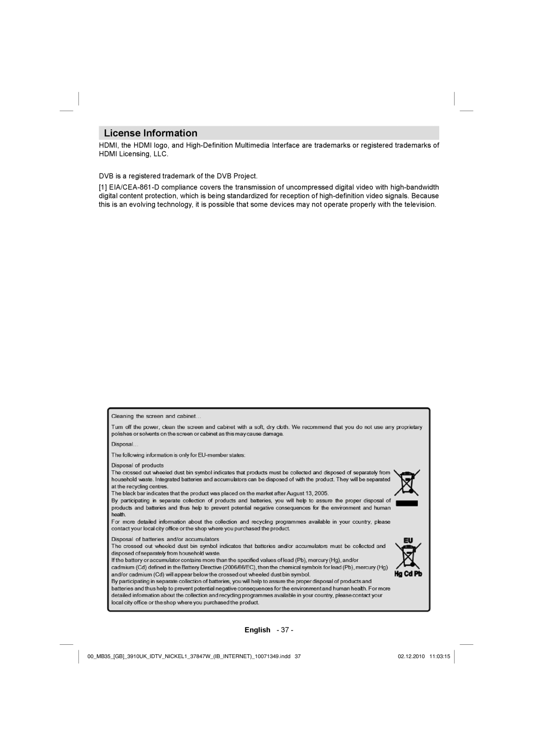 Toshiba 37BV700B owner manual License Information 