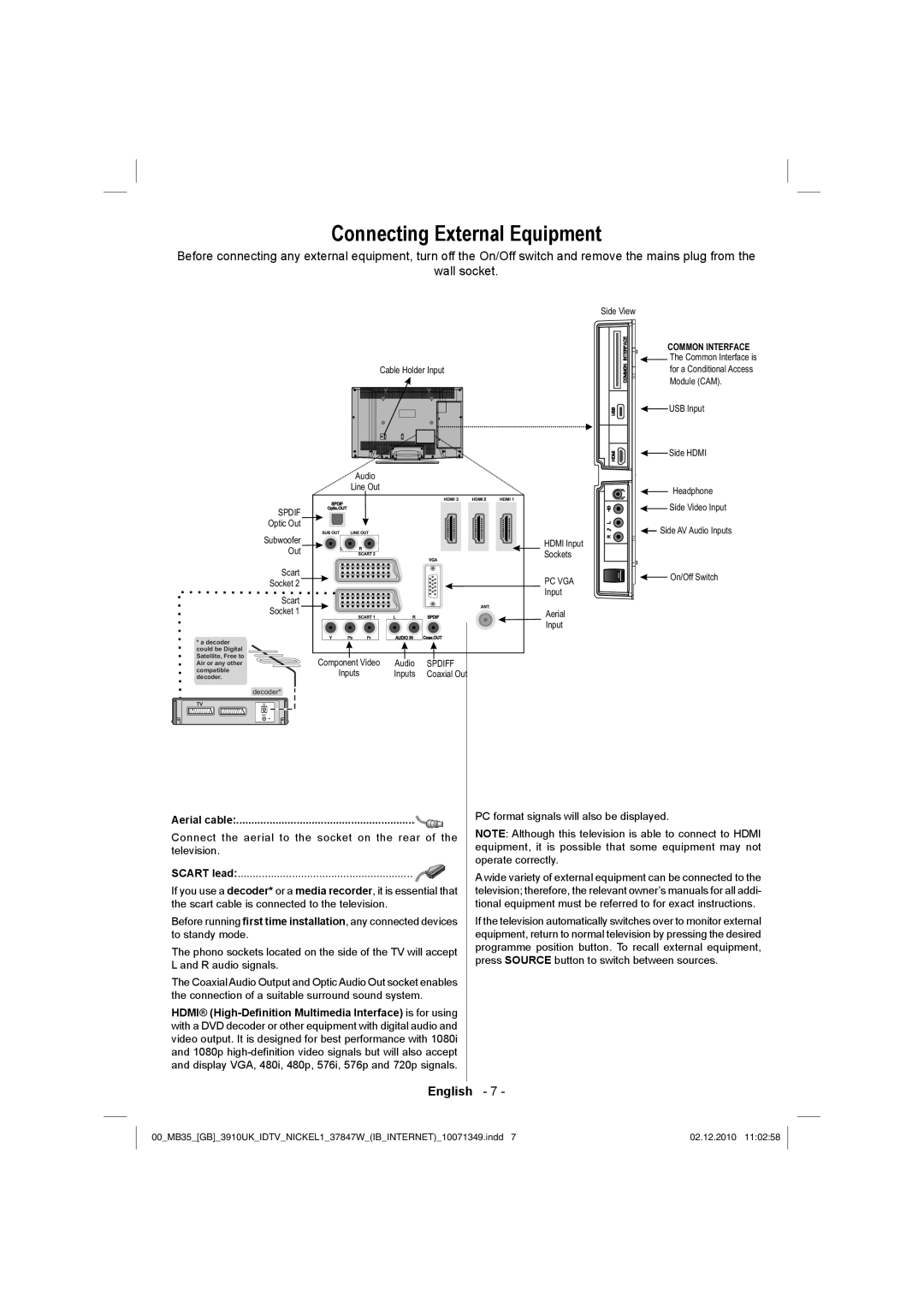 Toshiba 37BV700B owner manual Connecting External Equipment, Spdif 