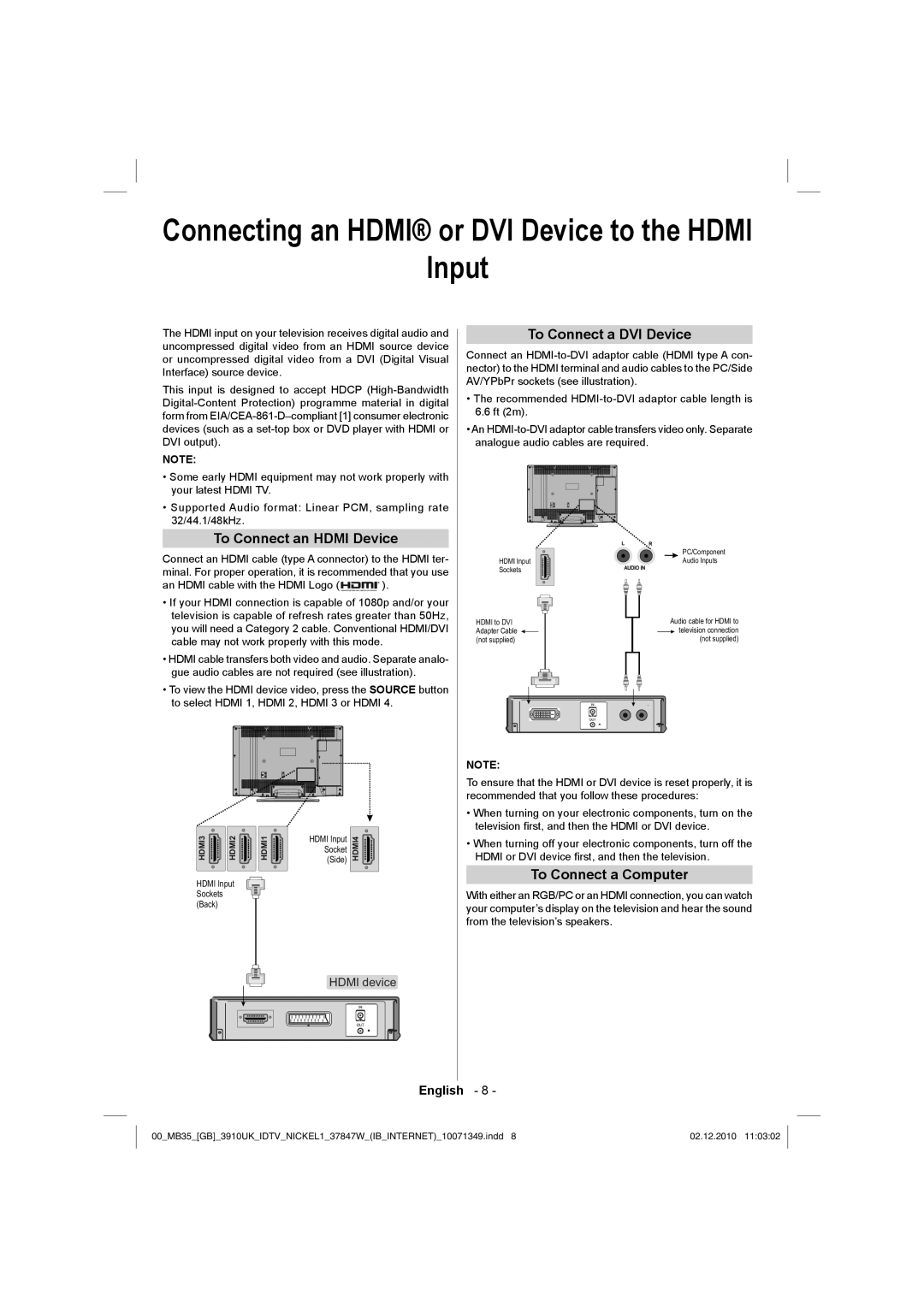 Toshiba 37BV700B Connecting an Hdmi or DVI Device to the Hdmi Input, To Connect an Hdmi Device To Connect a DVI Device 