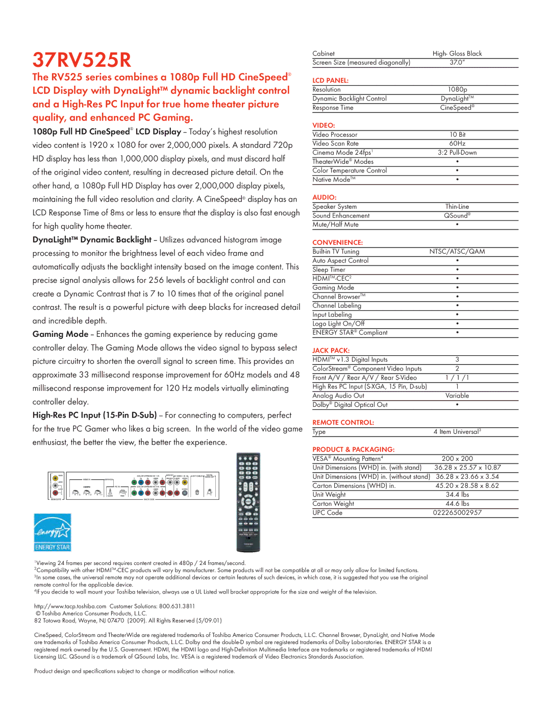 Toshiba 37RV525R manual LCD Panel, Video, Audio, Convenience, Jack Pack, Remote Control, Product & Packaging 