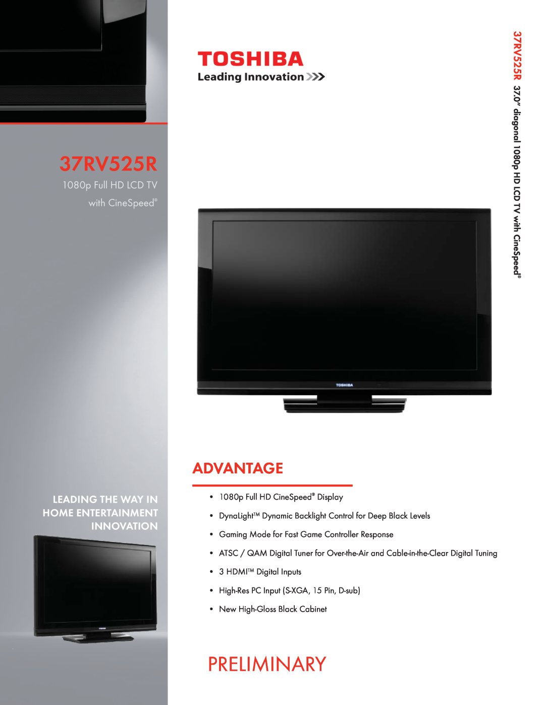 Toshiba 37RV525R manual Preliminary, Advantage, 1080p Full HD LCD TV with CineSpeed 